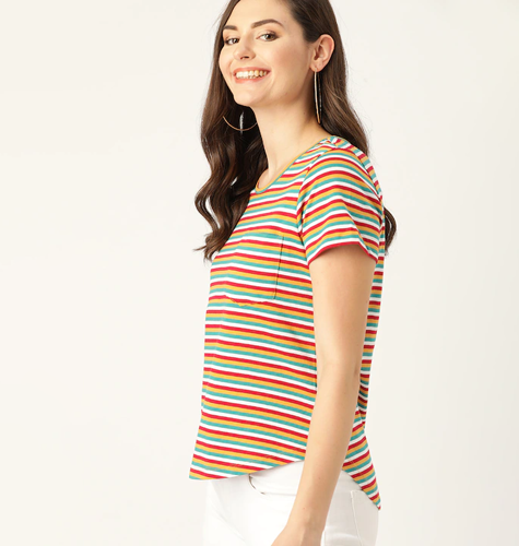 Women Multicoloured Striped Round Neck Pure Cotton T-shirt